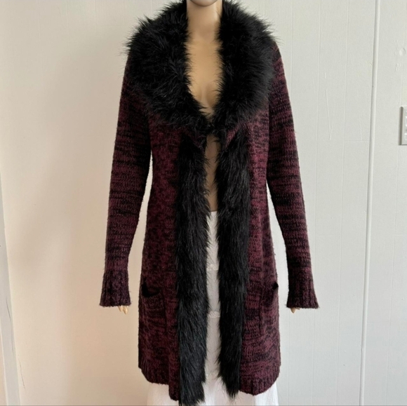 BCBGMaxAzria Burgundy Sweater Cardigan with Black Faux-Fur Trim - Picture 2 of 5
